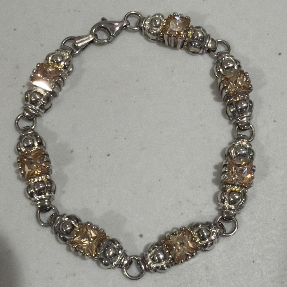 Vtg 925 Sterling Silver Balinese Cushion Cut Champagne Citrine Link Bracelet 22g